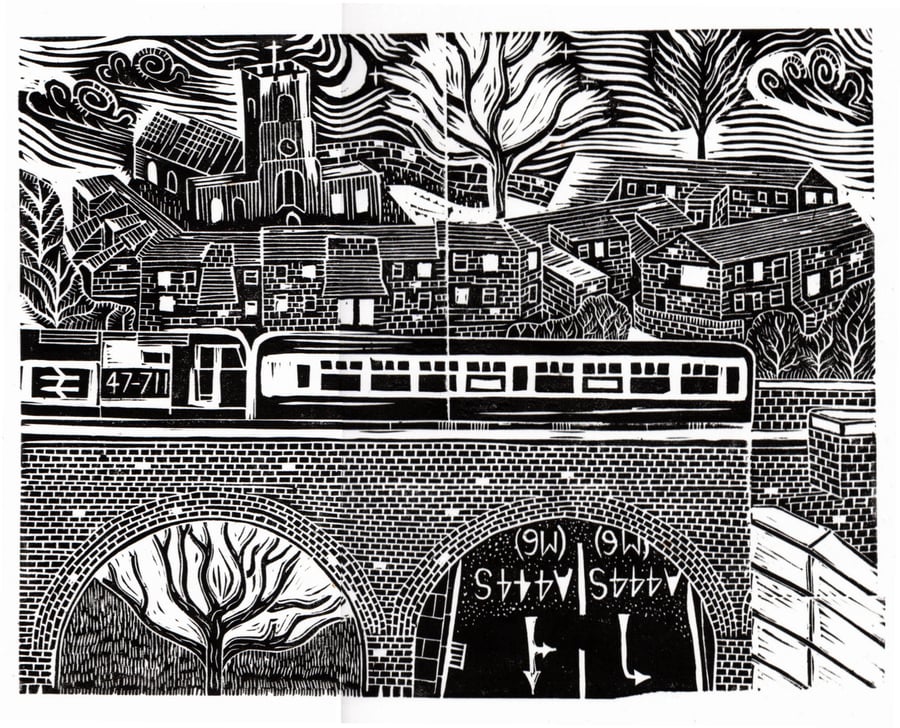 View over Coton Arches, Nuneaton by John Freeman, linocut print