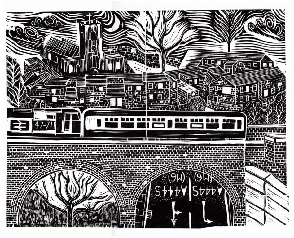 View over Coton Arches, Nuneaton by John Freeman, linocut print