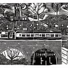 View over Coton Arches, Nuneaton by John Freeman, linocut print