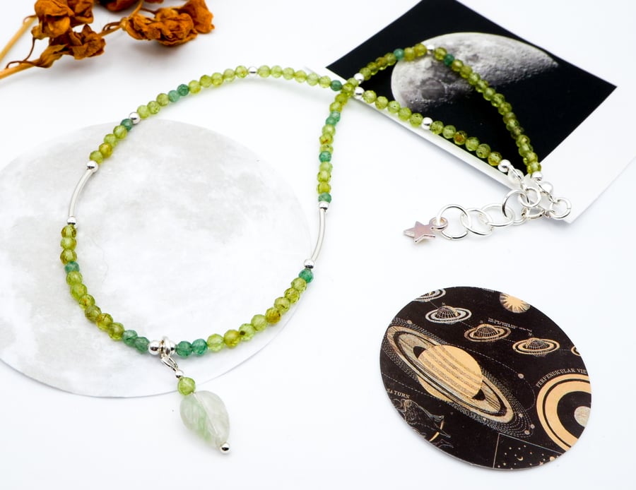 Sterling Silver Green Aventurine Fluorite & Peridot Gemstone Woodland Necklace 