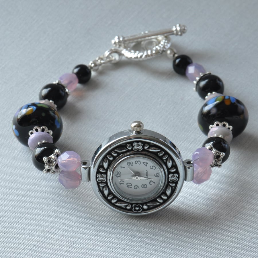 Handmade Lampwork Bead, Black Agate & Lilac Czech Bead Beaded Watch