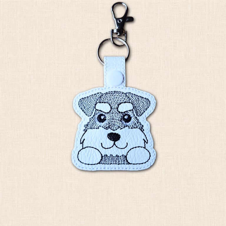 Kawaii Schnauzer Keyring - Embroidered Faux Leather Dog Bag Charm