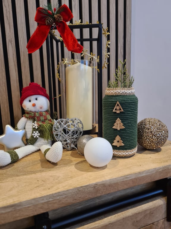 Forest Green Yarn Wrapped Christmas Jar, Rustic Home Decor