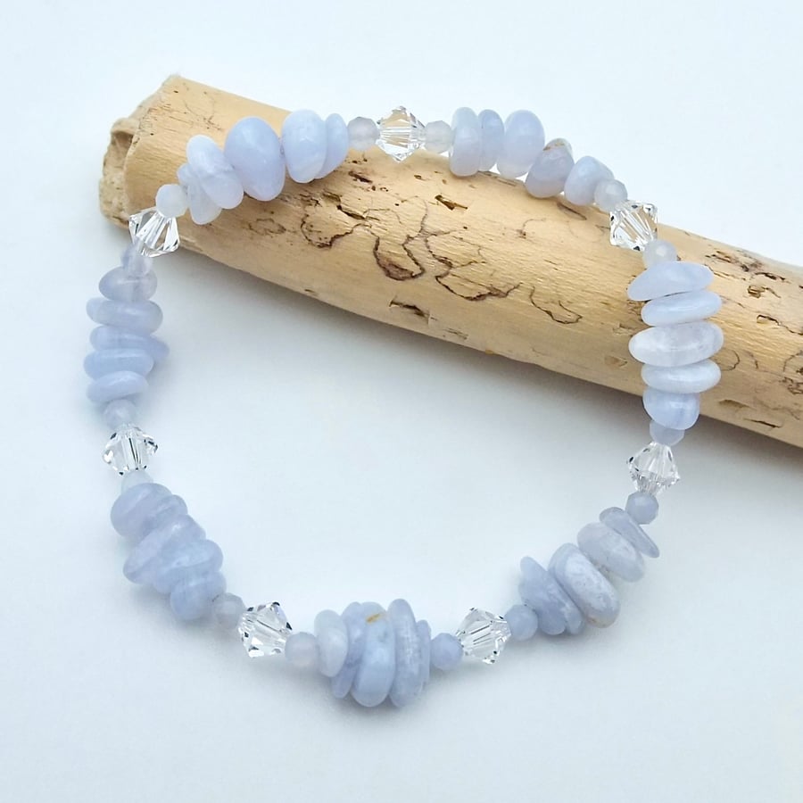Blue Lace Agate & Swarovski Crystal Bracelet,  Gemstone Jewellery Gifts For Her