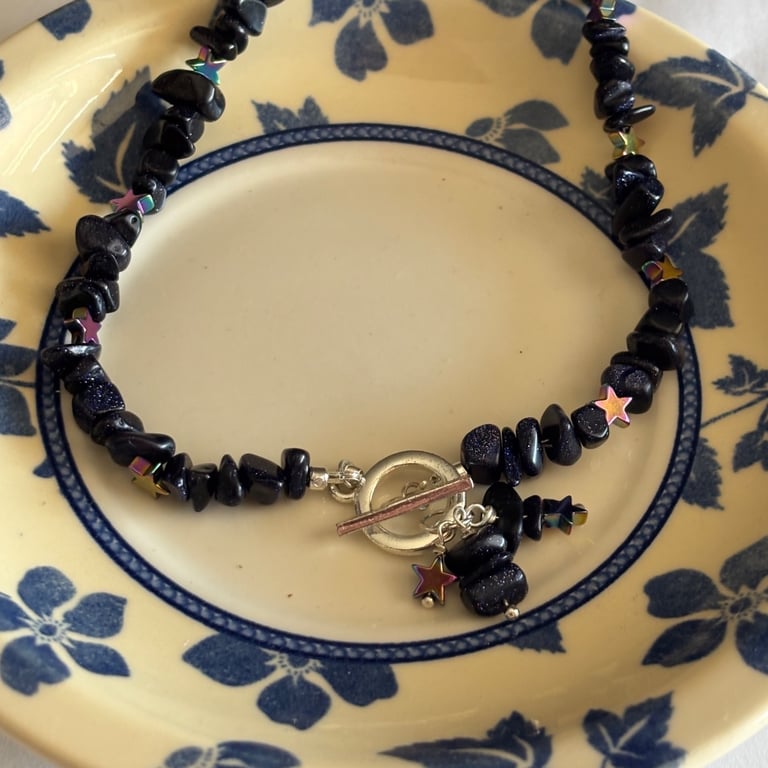 Blue goldstone and rainbow hematite chip necklace 