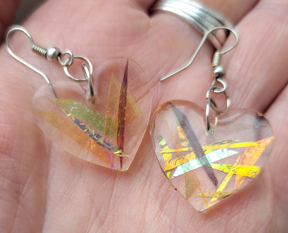 Lovely heart resin earrings with sparkly dichroic film added