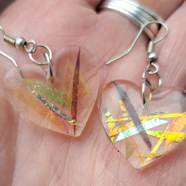Lovely heart resin earrings with sparkly dichroic film added