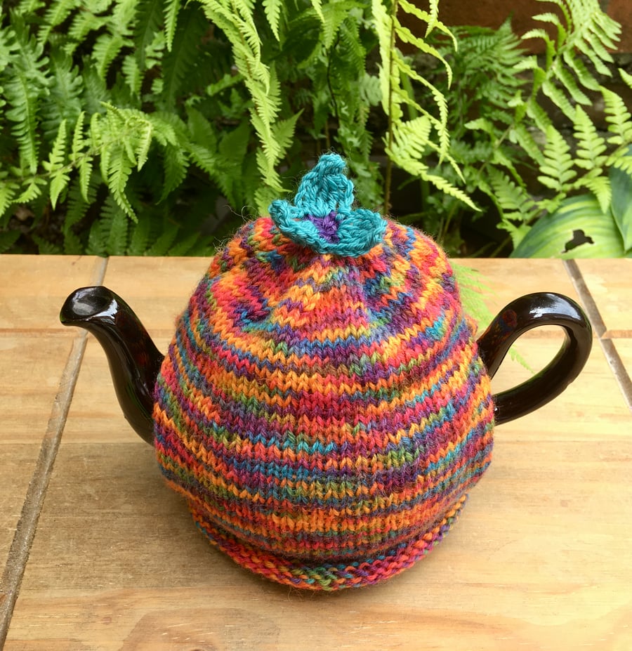 Hand Knitted One Cup Tea Cosy, Small Tea Cozy with Teal Flower