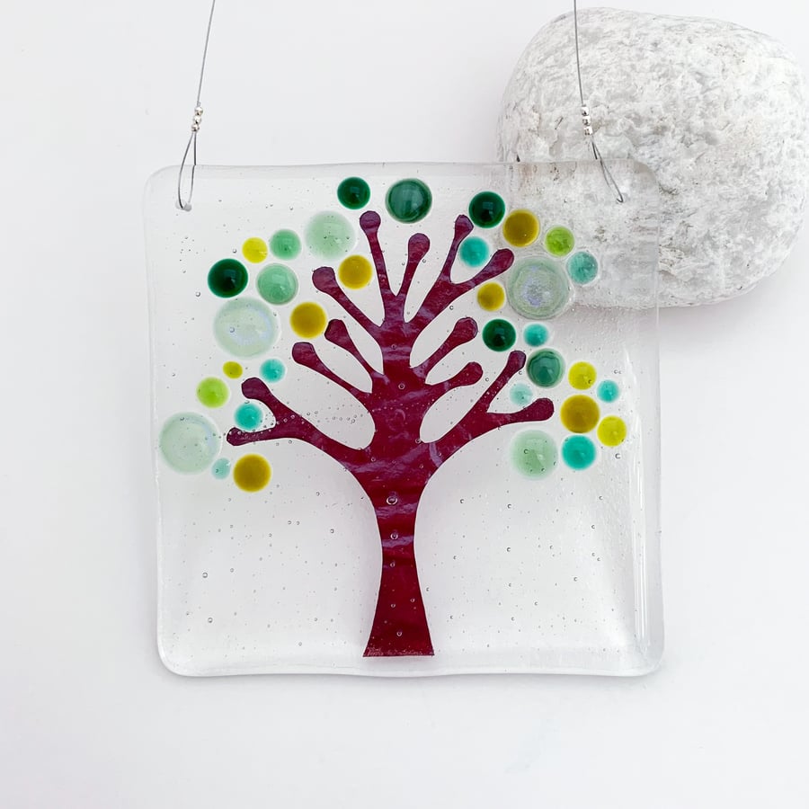Fused Glass Square Spring Tree Hanging - Handmade Glass Suncatcher