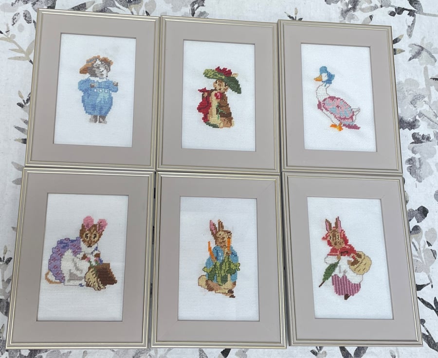 Set of 6x Beatrix Potter framed cross stitch wall hanging pictures