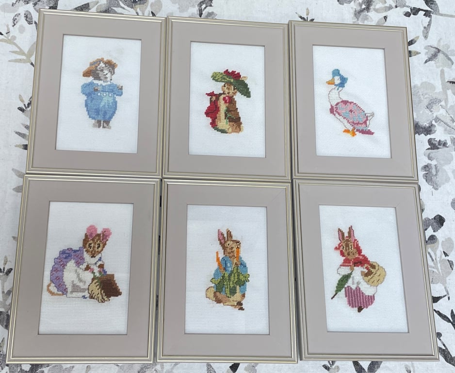 Set of 6x Beatrix Potter framed cross stitch wall hanging pictures