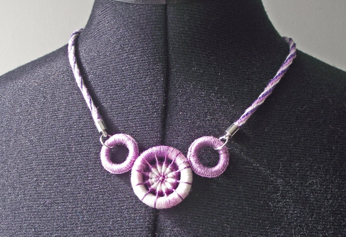 Dorset Button & Kumihimo Braid Statement Necklace, Lilac, Purple, White