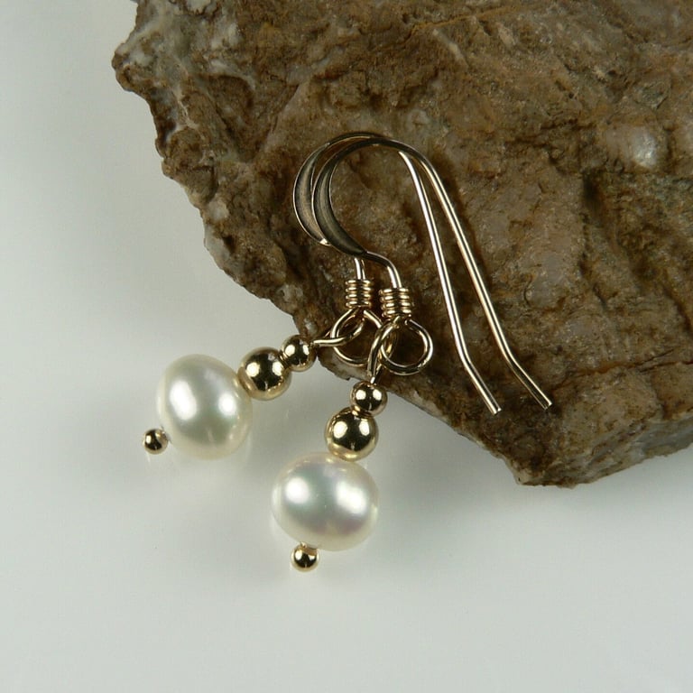 Dainty 14k, 120th, gold filled A grade freshwater potato pearl drop earrings