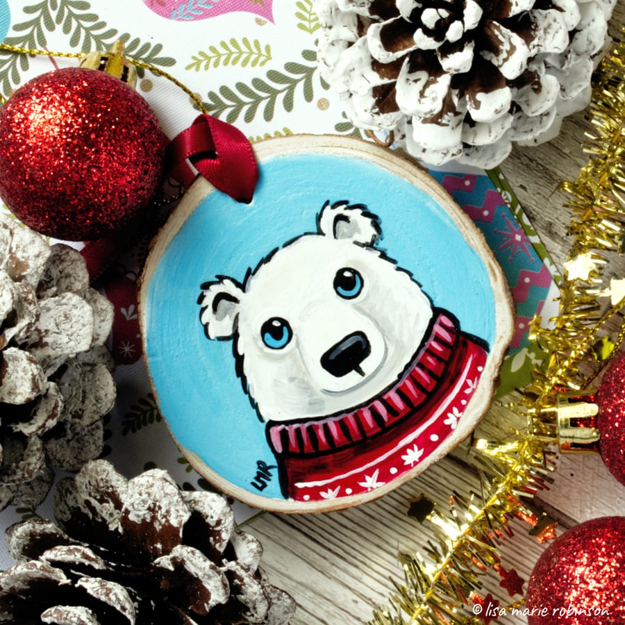 Polar Bear in Christmas Jumper - Hand painted Wooden Christmas Tree Decoration