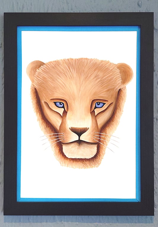 Framed A3 Print Colourful Lion Head Portrait Blue Border Genuine Made in UK 