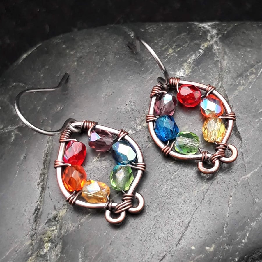 Hammered Copper Earrings with Rainbow Beads