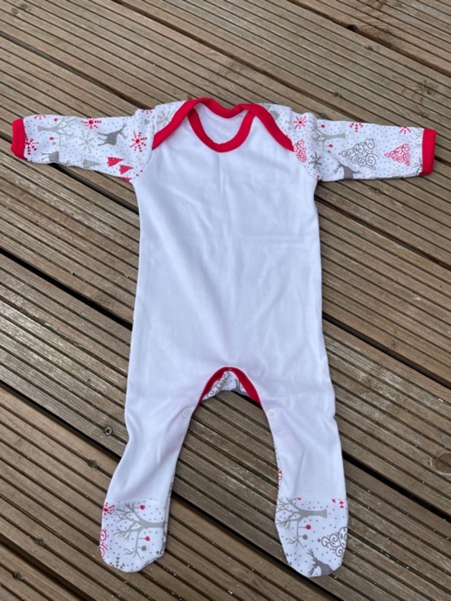 Personalised Christmas Baby Grow, White with Christmas Pattern.