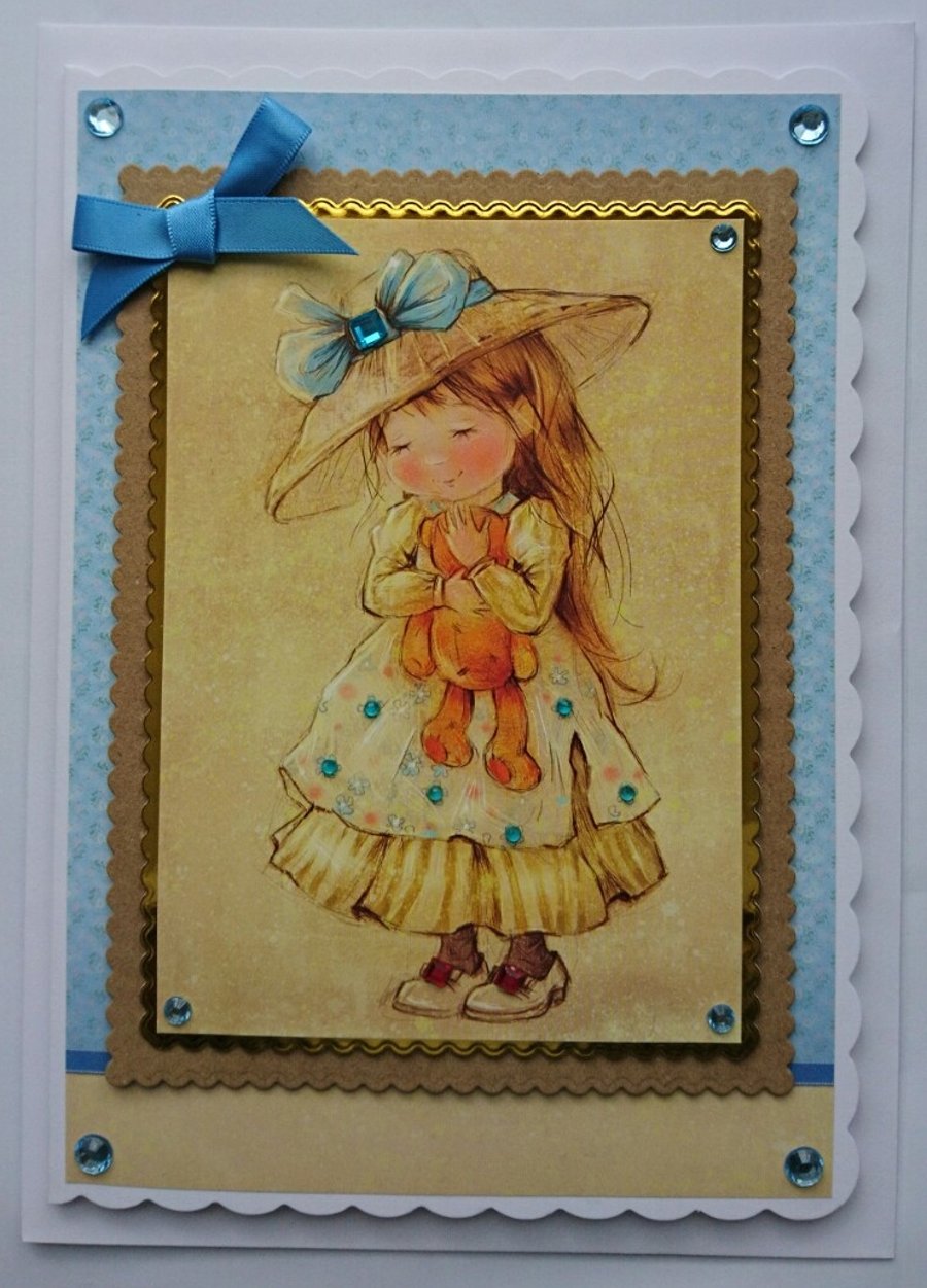 Vintage Greeting Card Little Girl with Sun Hat and Teddy Bear Any Occasion 3D