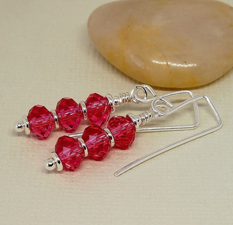 Pink Crystal Glass Drop Earrings  - Sterling Silver