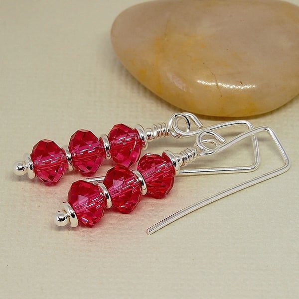Pink Crystal Glass Drop Earrings  - Sterling Silver