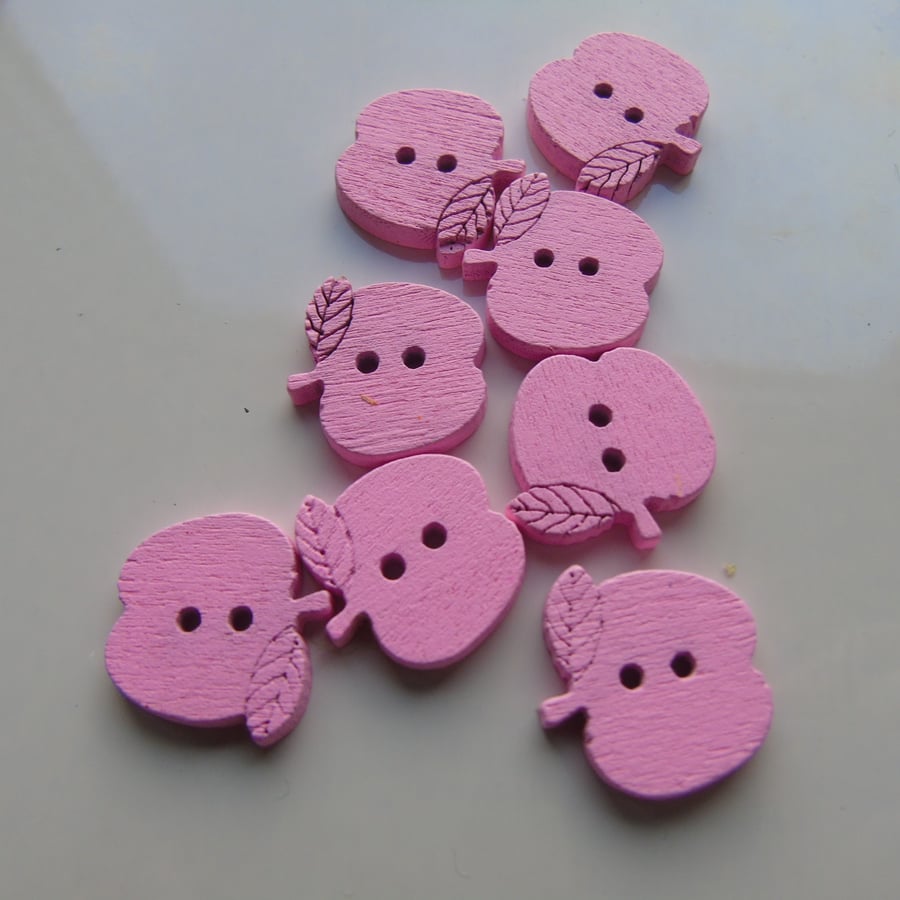 8 pink wooden apple buttons - 1.5 cms across - 2 holes
