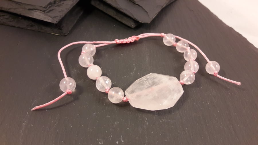 Rose Quartz Octogan and Round Beads on Pink Cord Adjustable Bracelet