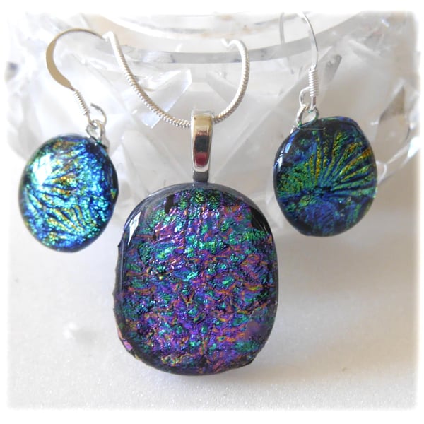 Dichroic Glass Pendant Earring Set 085 Plum Aqua Silver Plated Chain