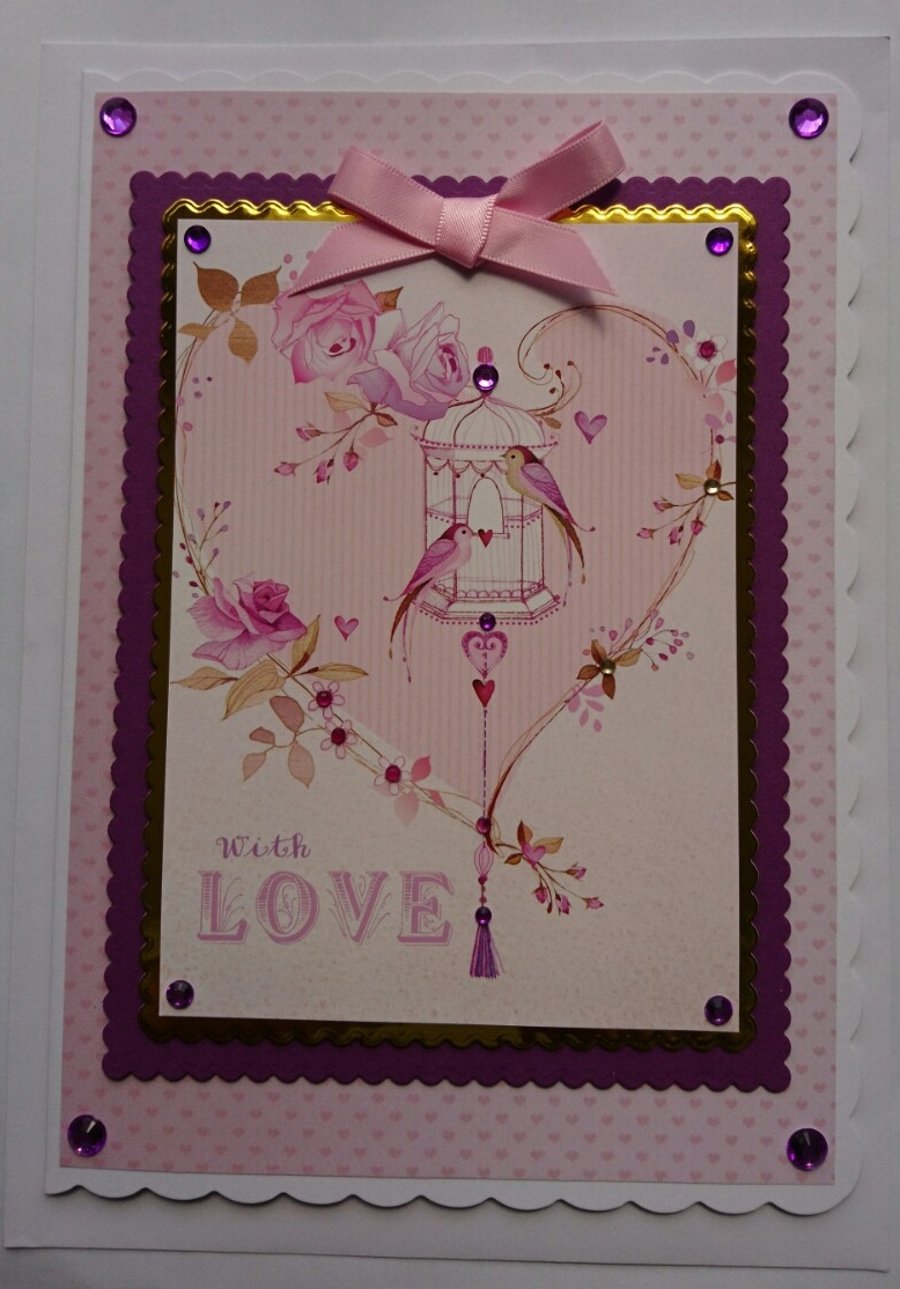 With Love Birds Handmade Card Oriental Birdcage Heart Flowers Vintage