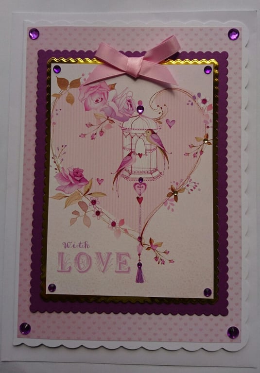 With Love Birds Handmade Card Oriental Birdcage Heart Flowers Vintage