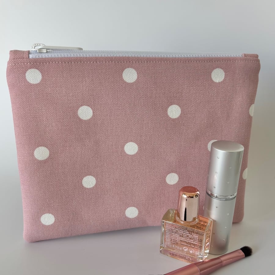Large flat cotton zipped pouch, purse, make up bag in pink with white polka dots