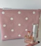 Large flat cotton zipped pouch, purse, make up bag in pink with white polka dots