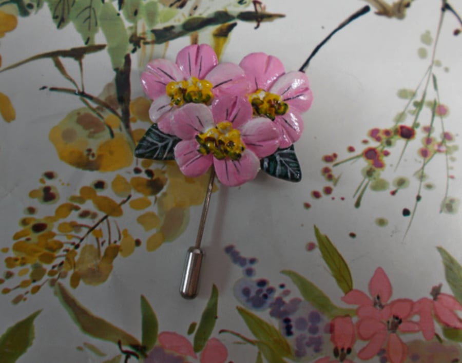 PINK APPLE BLOSSOM PIN Lapel Flower Brooch Wedding Corsage HANDMADE HANDPAINTED