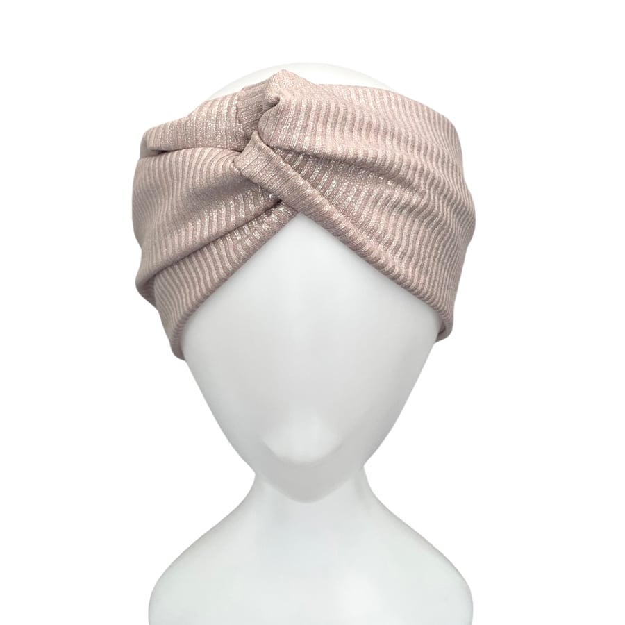 Pale pink silver metallic wide turban twist headband women head wrap for women