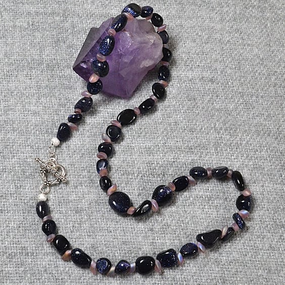 Blue Goldstone and Pink Magatama Bead Necklace