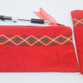 Beautiful bundle, Glasses Case and pencil case, make up bag, red Corduroy