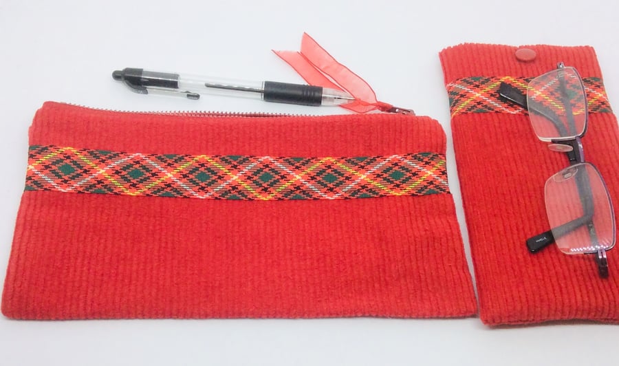 Beautiful bundle, Glasses Case and pencil case, make up bag, red Corduroy