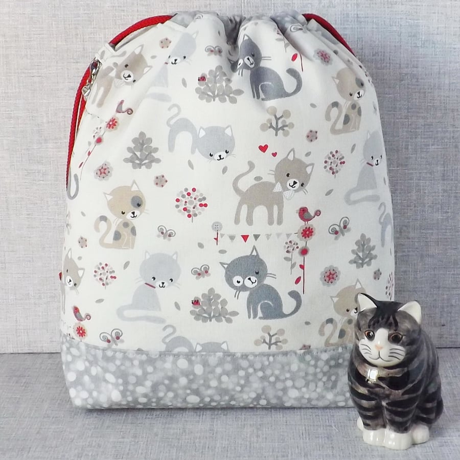 Project bag, drawstring bag, cats 