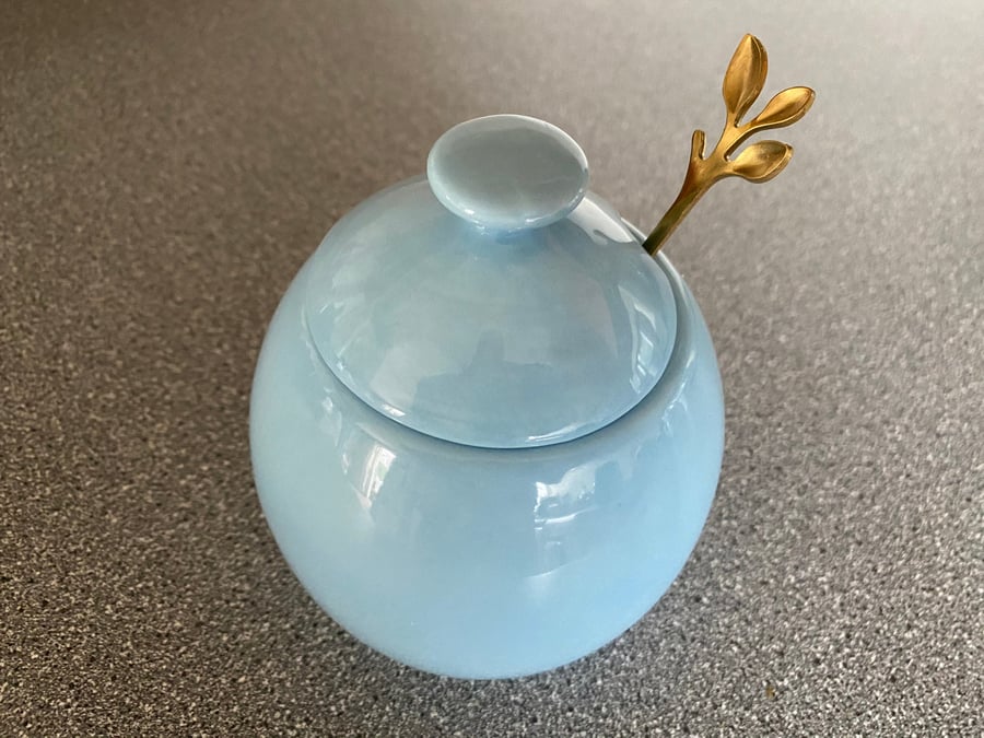 Sugar Bowl with Gold Leafy Spoon Ice Blue Glaze