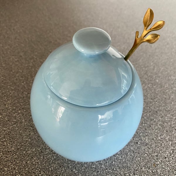 Sugar Bowl with Gold Leafy Spoon Ice Blue Glaze