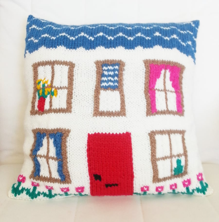 Knitting Pattern for Pretty House Cushion.  Digital Pattern