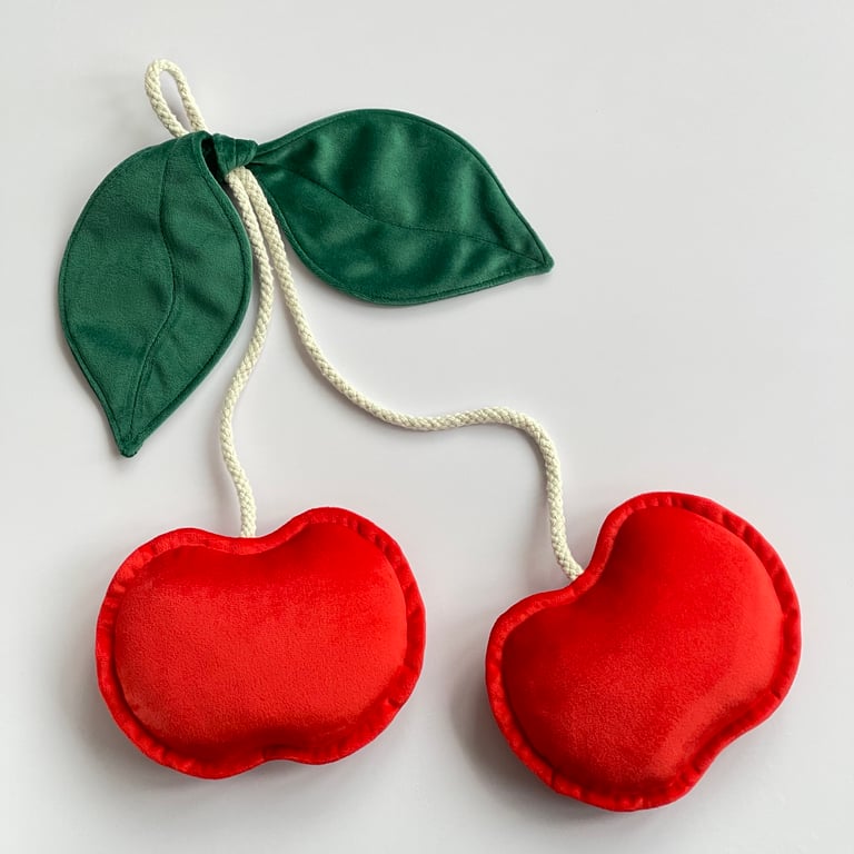 Red Velvet Cherries with Emerald Green Leaves Wall Hanging Fruit Nursery Decor