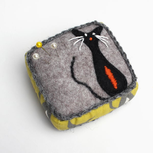 Pin cushion with mustard cat print and hand appliquéd cat 