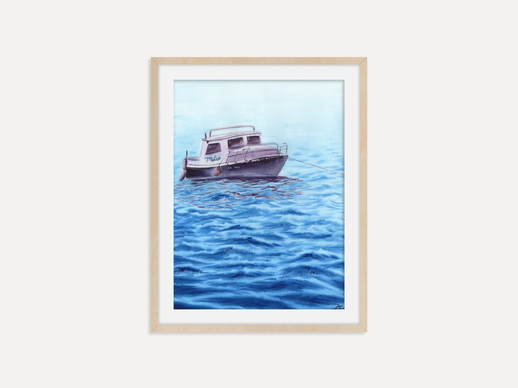 Blue Fishing Boat Fine Art Print, Coastal Watercolor Wall Art, Nautical Decor
