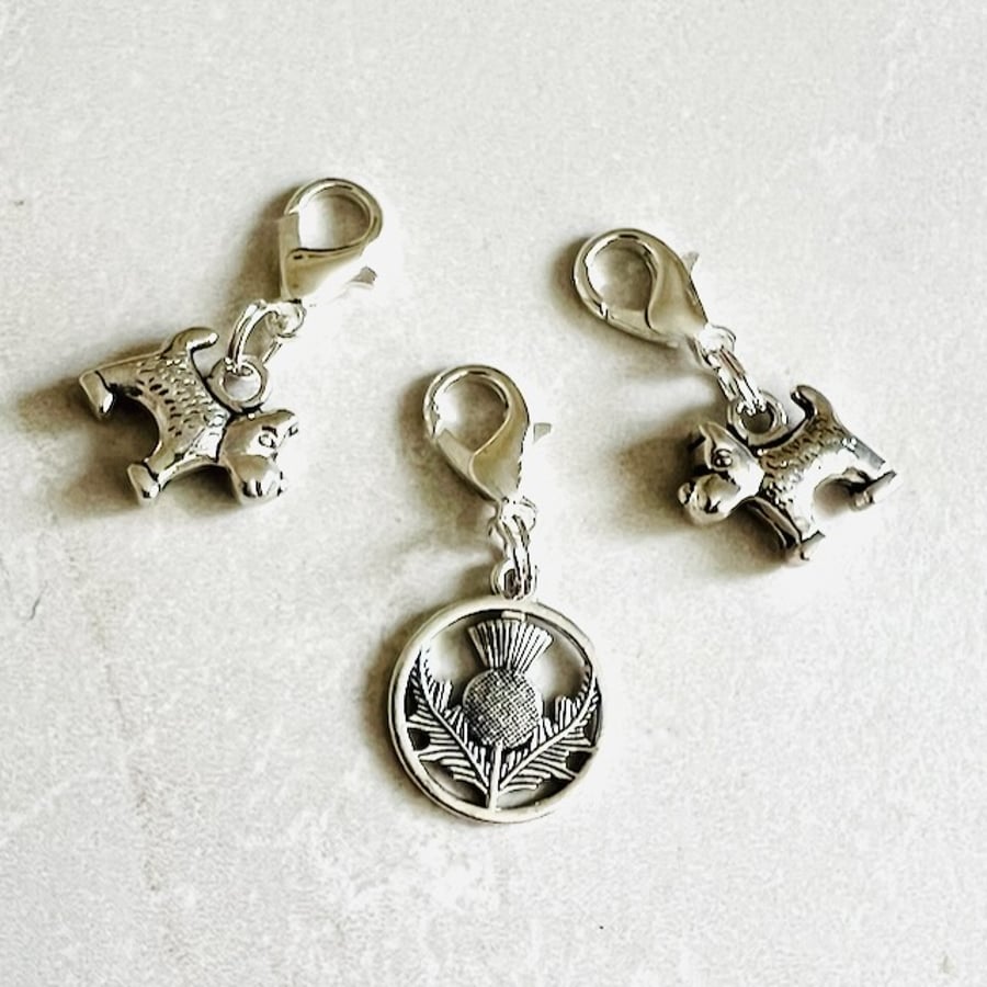 Scottle thistle scottie dog clip on charms zipper pull stitch markers