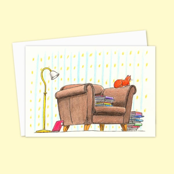 Bookish Cat Greeting Card: Hand Drawn Illustration of a Cosy Ginger Cat (116)