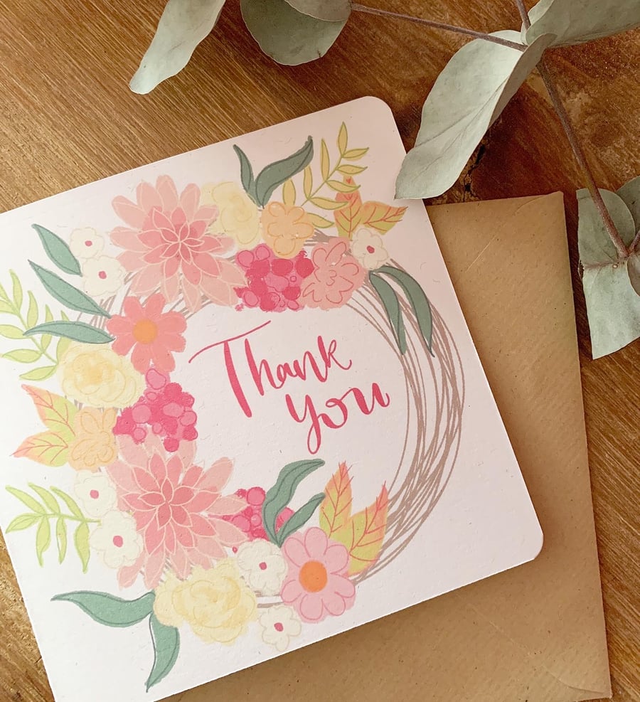 Pink floral wreath “Thank you” card 