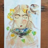 'Petal ' a spring inky girl  Original illustration 