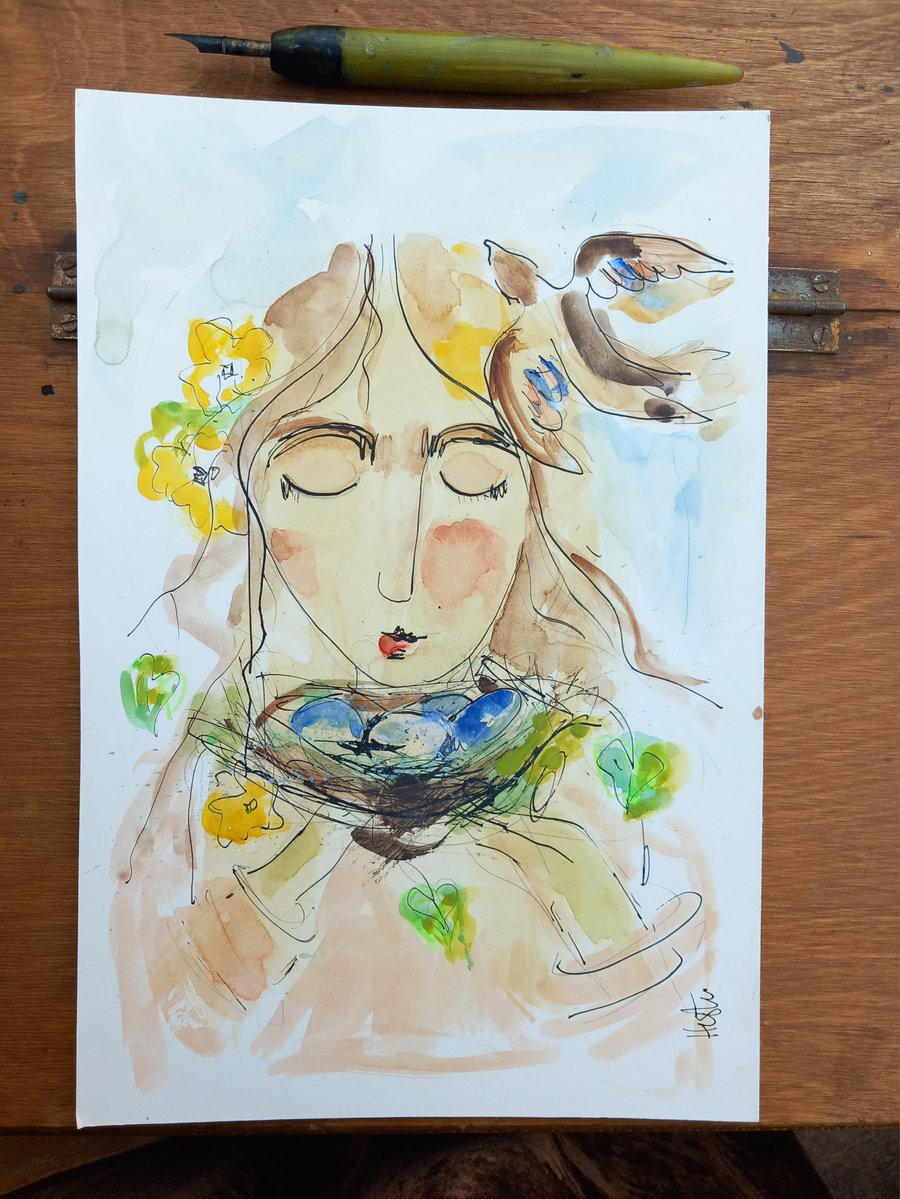 'Petal ' a spring inky girl  Original illustration 