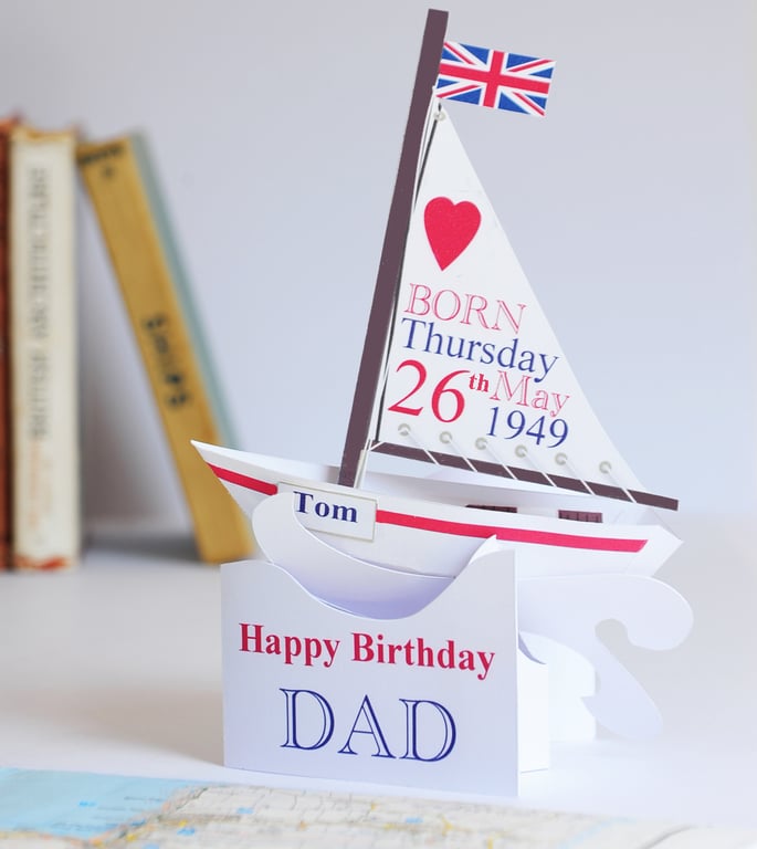 Pop-up Personalised Sailing Boat Birthday Card for Dad.
