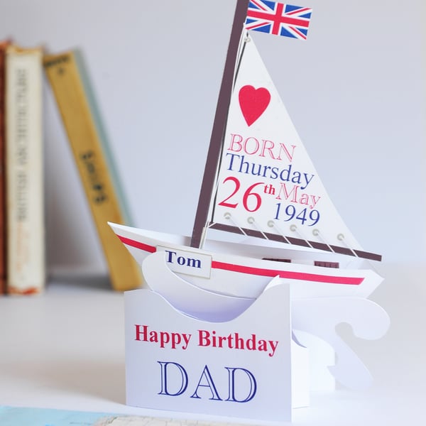Pop-up Personalised Sailing Boat Birthday Card for Dad.